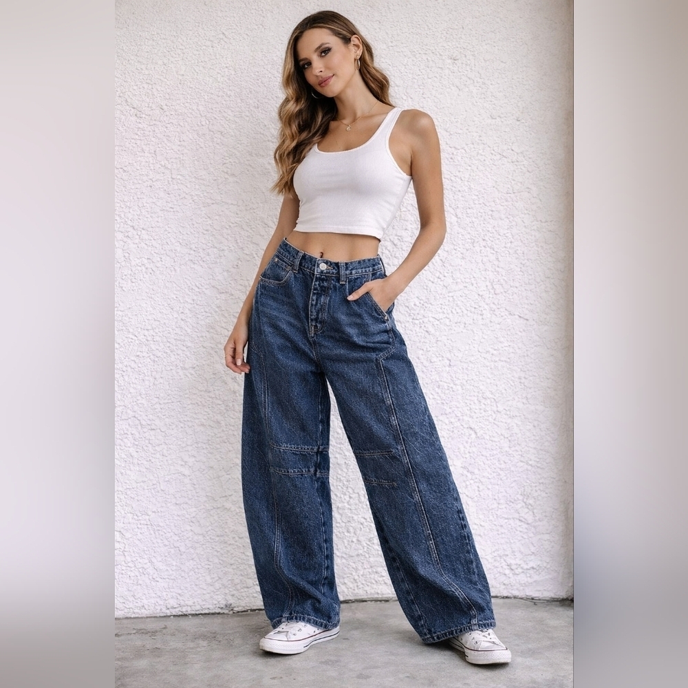 eesome Wide Leg Jeans High Rise Blue Denim Baggy Y2K Style